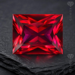 May include: A square-cut ruby gemstone, displaying a rich, deep red hue. The facets of the gem reflect light, creating a sparkling effect. The gemstone is set against a dark, textured surface, highlighting its brilliance.