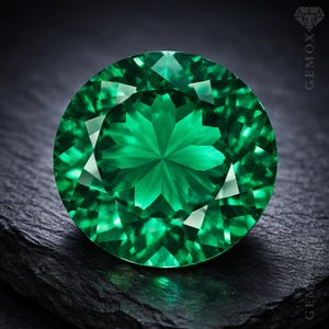 Könnte beinhalten: Ein runder, facettierter Edelstein in leuchtendem, tiefem Grün mit einem sternförmigen Muster, das das Licht aus der Mitte reflektiert. Der Stein weist präzise geometrische Schliffe auf und liegt auf einer dunklen, strukturierten Oberfläche mit dem Text GEMOX.