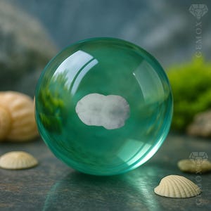 Andara Sphere 218g. Monatomarer Kristall Seltenes Smaragdgrün Arkturianisches Geheimnis Vulkanglaskugel mit Blasen und weißem Einschluß Tansania 55 mm