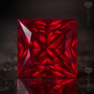 Può includere: Una gemma di rubino sfaccettata a taglio quadrato. La gemma rosso scuro è altamente riflettente, con motivi interni che creano un effetto a stella. La gemma è incastonata su uno sfondo scuro, evidenziandone la brillantezza.