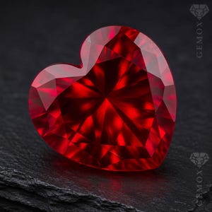 May include: A heart-shaped, faceted red gemstone with a brilliant cut, displaying deep crimson hues and sharp geometric light reflections. The stone features a clear, transparent surface and is marked with the text GEMOX in the upper right corner.