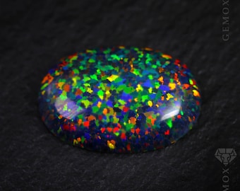 Schwarzer Opal Echter Loser Edelstein Oval Cabochon Lab-Grown Opal Regenbogen Blitz 3D Stein 10 x 14 mm., 2.36ct.