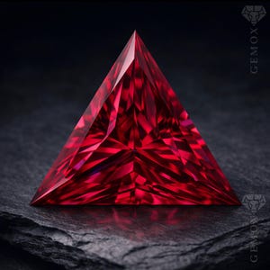 May include: A faceted, triangular-shaped, deep red gemstone. The gem is set against a dark, textured surface, with light reflecting off its many facets. The gemstone's sharp angles and rich color create a striking visual effect.