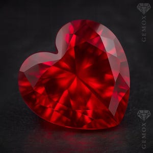 May include: A faceted, heart-shaped, ruby gemstone. The gem is a deep, vibrant red color and reflects light, showcasing its many facets. The background is a dark, solid color.