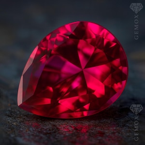 Op de afbeelding: Een gefacetteerde, peervormige robijn edelsteen. De edelsteen heeft een levendige rode kleur, met meerdere facetten die licht reflecteren. De edelsteen is geplaatst tegen een donkere, getextureerde achtergrond.