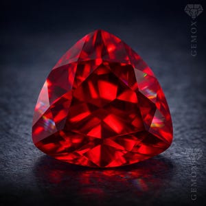 May include: A triangular-cut, red gemstone with a faceted surface. The gem's many facets reflect light, creating a brilliant appearance. The stone is a deep red colour, with a polished finish. The gemstone is set against a dark background.