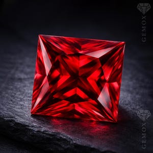 May include: A square-cut, faceted red gemstone with a brilliant, reflective surface. The gemstone is set against a dark, textured background, highlighting its vibrant color and intricate internal patterns. The Gemox logo is visible in the background.