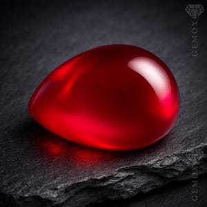 May include: A vibrant, teardrop-shaped, polished red gemstone. The gem is set against a dark, textured surface, creating a striking contrast. The smooth, reflective surface of the stone catches the light, highlighting its rich color and form. The Gemox logo is visible in the background.