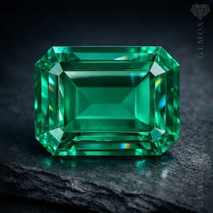 May include: A vibrant, emerald-cut gemstone with a deep green hue. The gem is displayed on a dark, textured surface, showcasing its facets and brilliance. The rectangular shape and precise cuts highlight the stone's clarity and color.