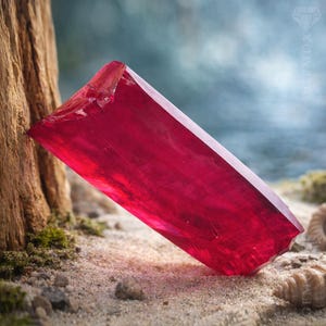 Può includere: Una grande gemma rosso intenso, sfaccettata, è appoggiata su una superficie sabbiosa. La gemma rettangolare ha bordi angolati, che catturano la luce e mostrano motivi interni. Lo sfondo presenta un paesaggio marino sfocato e un tronco d'albero usurato.