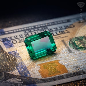 K&ouml;nnte beinhalten: Ein leuchtend gr&uuml;ner, smaragdgeschliffener Edelstein liegt auf einem US-Hundert-Dollar-Schein. Die Facetten des Edelsteins reflektieren das Licht und zeigen seine Klarheit und Farbe. Der Hintergrund ist dunkel und hebt den Glanz des Edelsteins hervor.