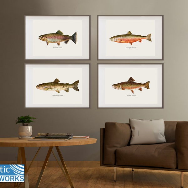 Printable Freshwater Fish Art Prints, Set of 4, Fishing Wall Art, Living Room Décor, Fish Watercolor Paintings, Trout Art, Father's Day Gift