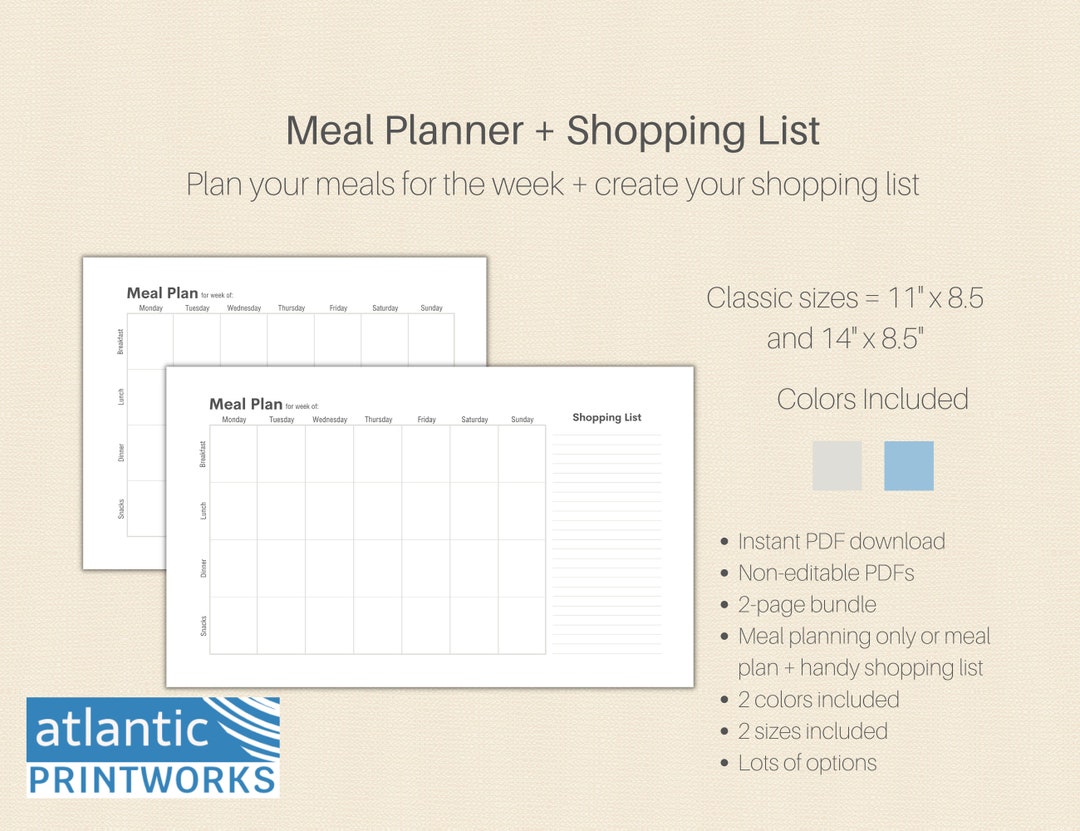 Printable Weekly Meal Planner Food Diary and Shopping List Minimalist ...