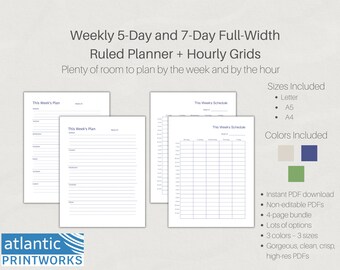 Weekly Hourly Planner Printable, 5 & 7-Day Schedule (Digital Download)