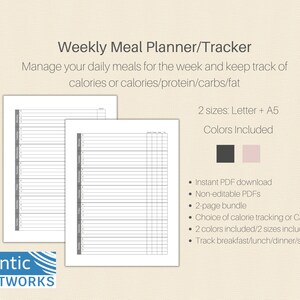 Planificador de comidas semanal imprimible Diario de alimentos Calorías Carbohidratos grasas Rastreador de proteínas Rastreador de dieta PDF 2 Colores 2 tamaños Carta A5