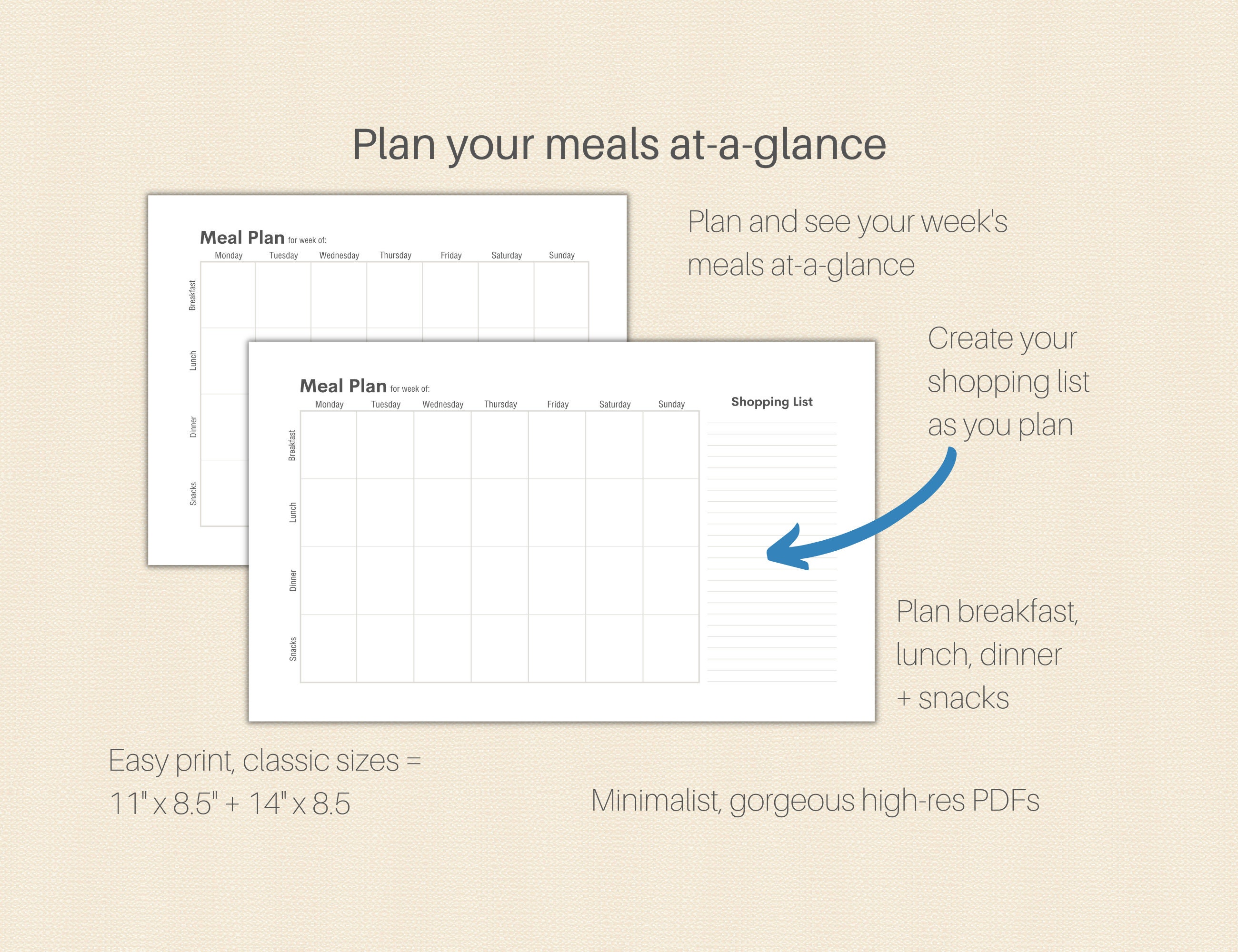 Printable Weekly Meal Planner Food Diary and Shopping List Minimalist ...