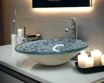 17" Light and Dark Blue Pattern Handmade Tempered Glass Bowl Vessel Above Counter Sink