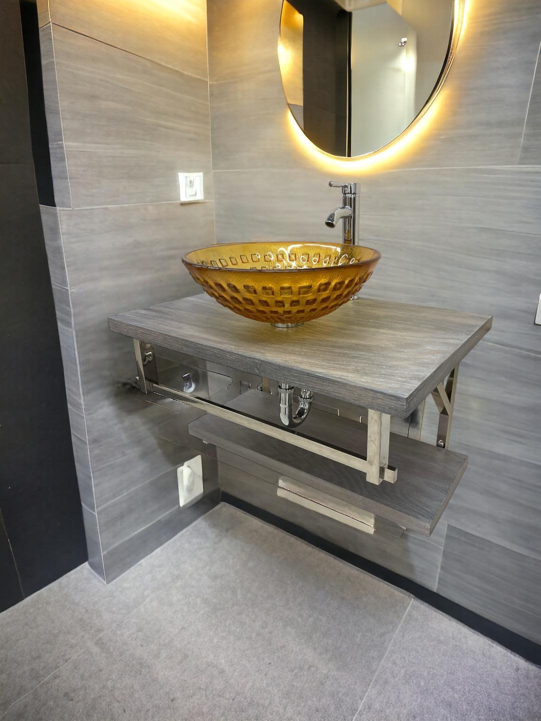 Weathered Finish Wood and Amber Embossed Tempered Glass Sink Floating Wall Mounted Bathroom Vanity Set