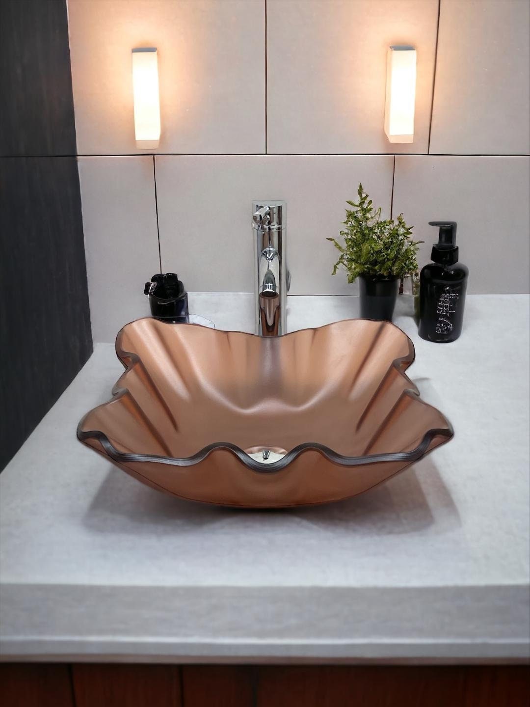 Modern Bronze Silky Brown Translucent Tempered Glass Vessel Sink Above ...