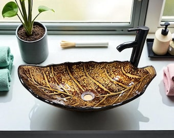 Bathroom vessel sink leaf design brown with  faucet