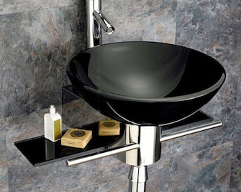 Modern Wall Mount Bathroom Pedestal Vanity Black Glass Bowl Vessel Sink Combo