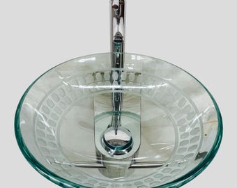 Clear Glass Vessel Sink Carved Pattern Unique Bonus Pop Up Drain in Chrome finish