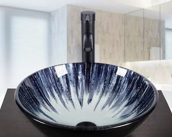 Elegant Navy Dark Blue White Pattern Tempered Glass 16&quot; Vessel Bowl Bathroom Sink Set Faucet Pop Up in Orb and Ring