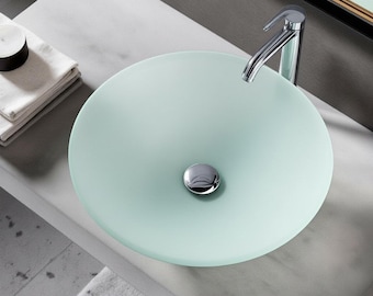 Elegant Frosted Tempered Glass Round Vessel Sink 16”