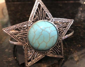 Silver Plated Star Design Turquoise Cuff Hinged bracelet