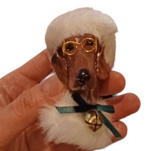 May include: A brown dog figurine wearing gold-rimmed spectacles and a fluffy white wig. The dog has a black nose and is adorned with a green ribbon and a gold bell. The figurine is held in a hand.