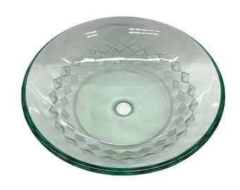 Carved Tempered Glass Bathroom Sink: Round Vessel Bowl with Chrome Pop-Up Drain