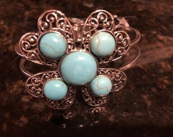 Silver Plated Hearts Design 5 Gem Turquoise Cuff Hinged Bracelet