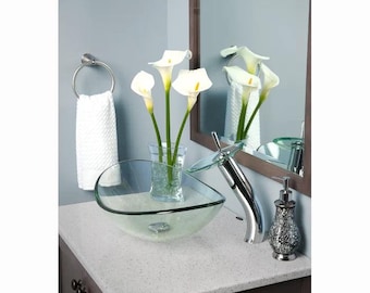 Bathroom Counter Basin Vessel Clear Glass Sink Boat Oval Chrome Faucet Drain Set