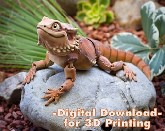 Bearded Dragon Digital .STL File for 3dPrinting, Articulated Fidget Toy, Print-In-Place Body, Snap-Fit Head, Cute Flexi