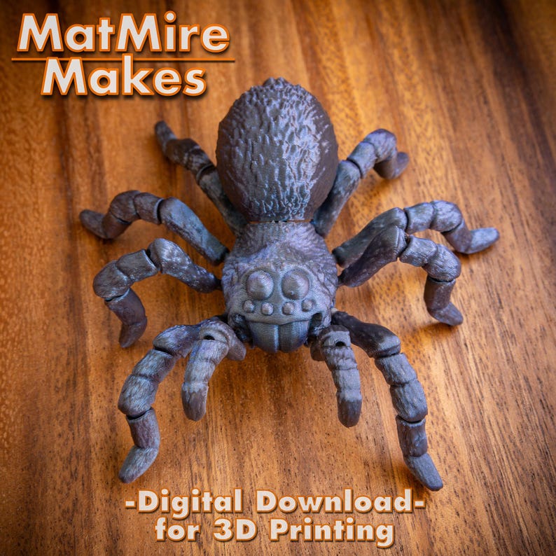 May include: A 3D printed model of a spider with segmented legs and a detailed head. The spider is dark gray and has a textured surface. The spider is posed on a wooden surface. -Digital Download- for 3D Printing