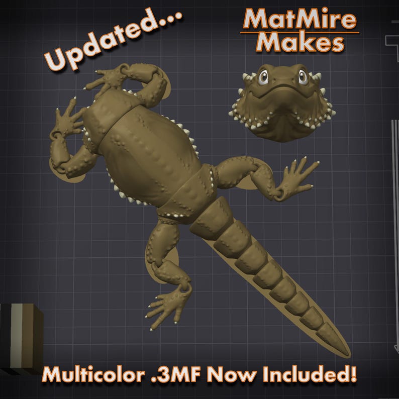 May include: A brown, segmented, articulated, 3D printed model of a lizard. The lizard is lying on its back with its legs and tail extended. The model is printed in a single color and has a textured surface. The image includes the text "Updated... MatMire Makes" and "Multicolor .3MF Now Included!"