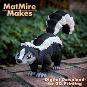 May include: A 3D-printed skunk figurine in black and white, with a fluffy tail and a friendly expression. The text "MatMire Makes" is at the top, and "-Digital Download- for 3D Printing" is at the bottom.