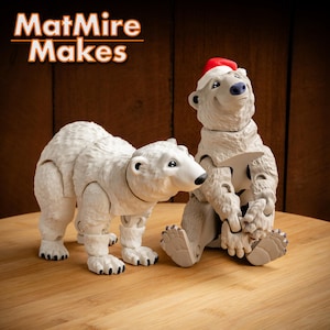 3D プリント用 Polar Bear Digital .STL ファイル、サンタ帽子バージョン付き、関節式フィジェット フィギュア、3MF 付き