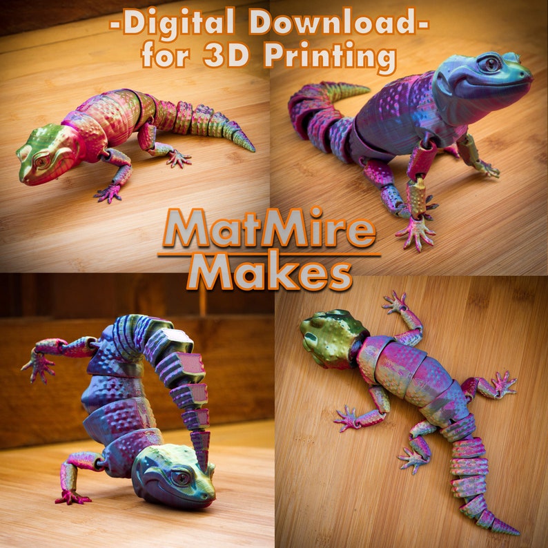 May include: A multi-coloured, articulated lizard figurine designed for 3D printing, featuring a gradient of green, purple, and blue hues. The text Digital Download for 3D Printing and MatMire Makes is visible across the four-panel image display.