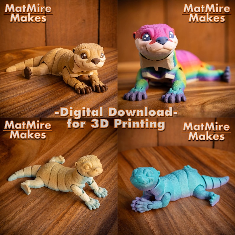 Pode incluir: Quatro figuras de animais articuladas impressas em 3D. Uma lontra marrom, uma lontra arco-&iacute;ris, um lagarto bege e um lagarto azul. -Download digital- para impress&atilde;o 3D. MatMire Makes.