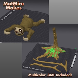 Op de afbeelding: 3D-geprint model van een luiaard en een boom met takken. Het model is geprint op een getextureerd oppervlak. De tekst "Multicolor .3MF Included!" is zichtbaar onderaan de afbeelding.