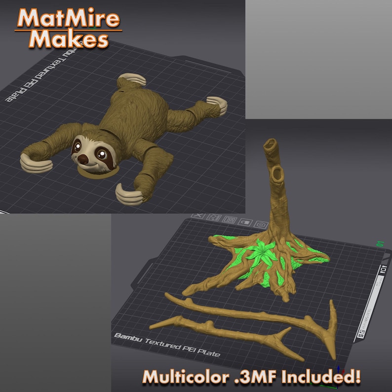 Op de afbeelding: 3D-geprint model van een luiaard en een boom met takken. Het model is geprint op een getextureerd oppervlak. De tekst "Multicolor .3MF Included!" is zichtbaar onderaan de afbeelding.