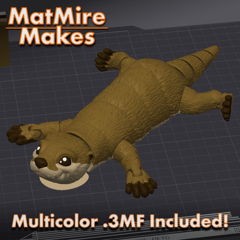 Pode incluir: Uma figurinha de lontra impressa em 3D de cor castanho e bege com um design de pele texturizada. A lontra est&aacute; deitada de costas com as patas esticadas. O texto "MattMire Makes" &eacute; vis&iacute;vel no canto superior esquerdo da imagem. O texto "Multicolor .3MF Included!" &eacute; vis&iacute;vel no centro inferior da imagem.