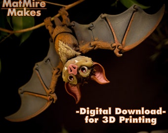 Bat .STL Digital File, Print-in-Place Body, Snap-Fit Head, Cute Articulated Flexi