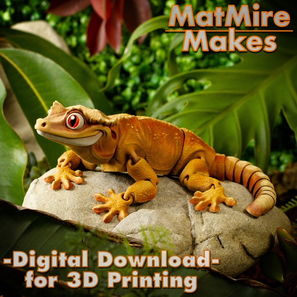 Crested Gecko Digital .STL File for 3dPrinting, Articulated Fidget Figure, Print-In-Place Body, Snap-Fit Head, Cute Flexi