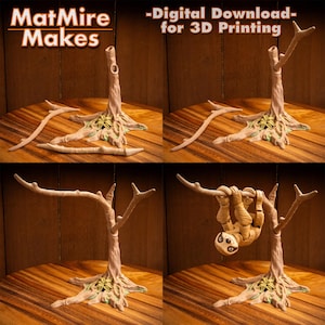 Op de afbeelding: Een 3D-geprinte takkenset met een luiaard die aan de tak hangt. De set bevat een boomstam, takken en een luiaardfiguur. De set is ontworpen voor 3D-printen en is beschikbaar als digitale download. -Digitale download- voor 3D-printen