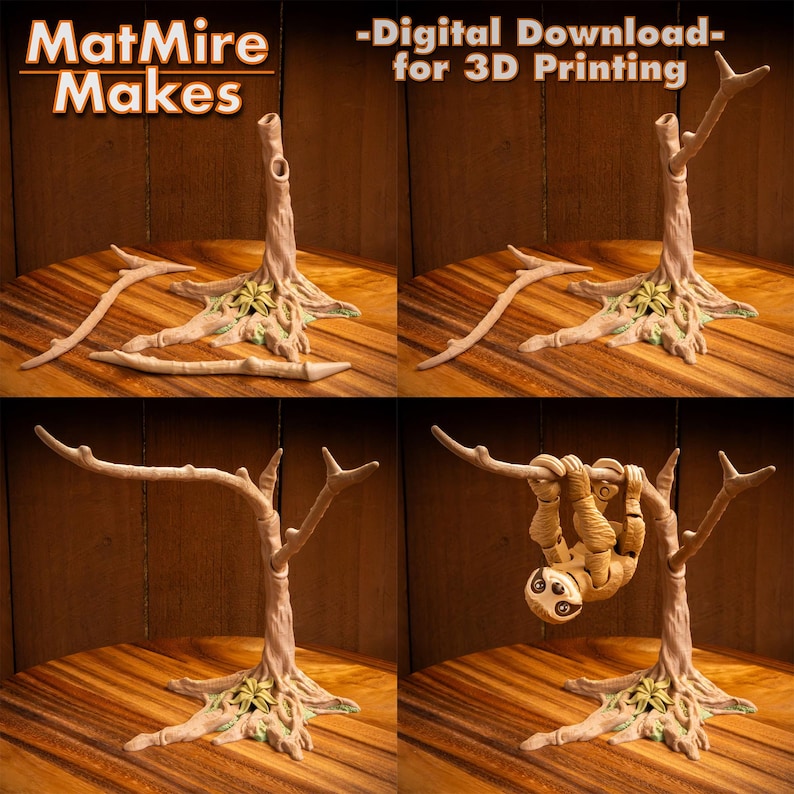 Op de afbeelding: Een 3D-geprinte takkenset met een luiaard die aan de tak hangt. De set bevat een boomstam, takken en een luiaardfiguur. De set is ontworpen voor 3D-printen en is beschikbaar als digitale download. -Digitale download- voor 3D-printen