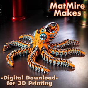 Può includere: Una statuetta di polpo meccanico caratterizzata da uno schema di colori arancione brillante e azzurro con intricati tentacoli segmentati. Il testo MatMire Makes e Digital Download for 3D Printing è visibile. Il design è molto dettagliato.