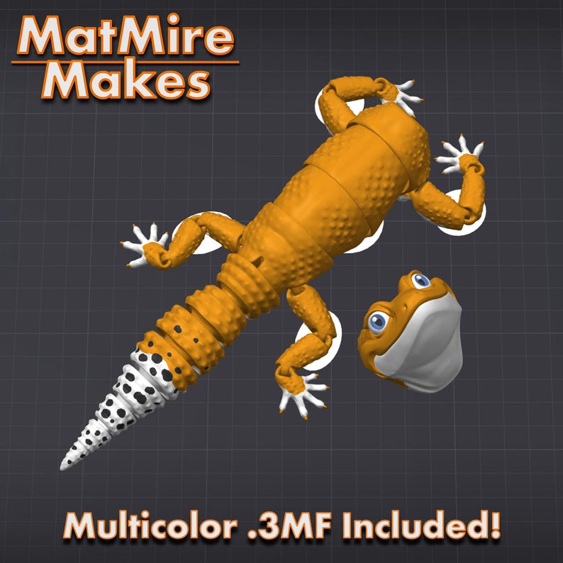 May include: An articulated orange lizard figurine with a textured body, white feet, and a white tail featuring black spots. The head is detached and positioned to the right. Text reads MatMire Makes and Multicolor .3MF Included! on a grid background.