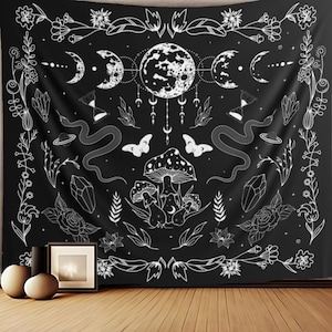 Moon Phase Tapestry Aesthetic Boho, Large Dorm Mushroom Wall Hanging, Boho Chic Wall Decor, Witchy Wall Art, Dark Academia Room Decor